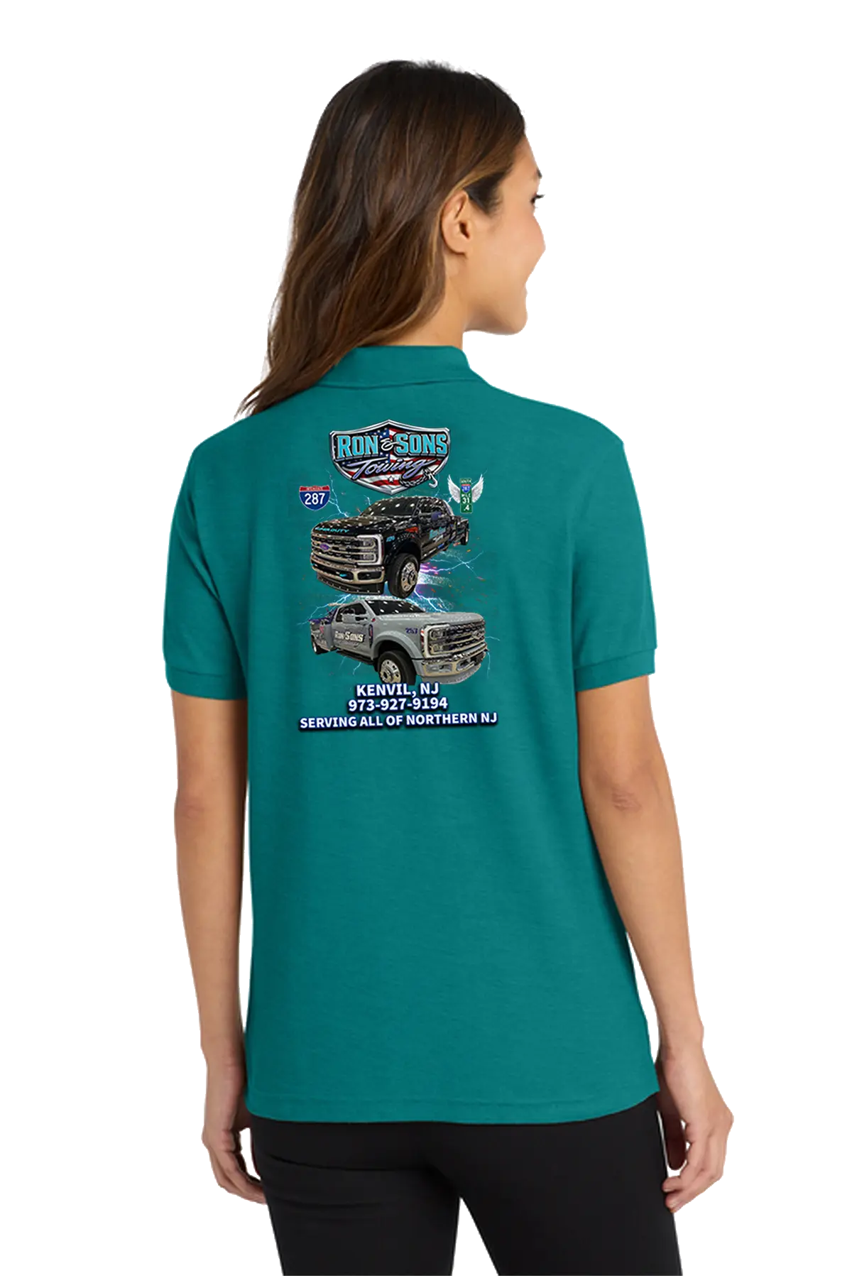 Teal polo shirt with graphics on the back worn by a person, on a white background. Ron and Sons Towing, Paper Street Print Co, Blairstown, NJ.