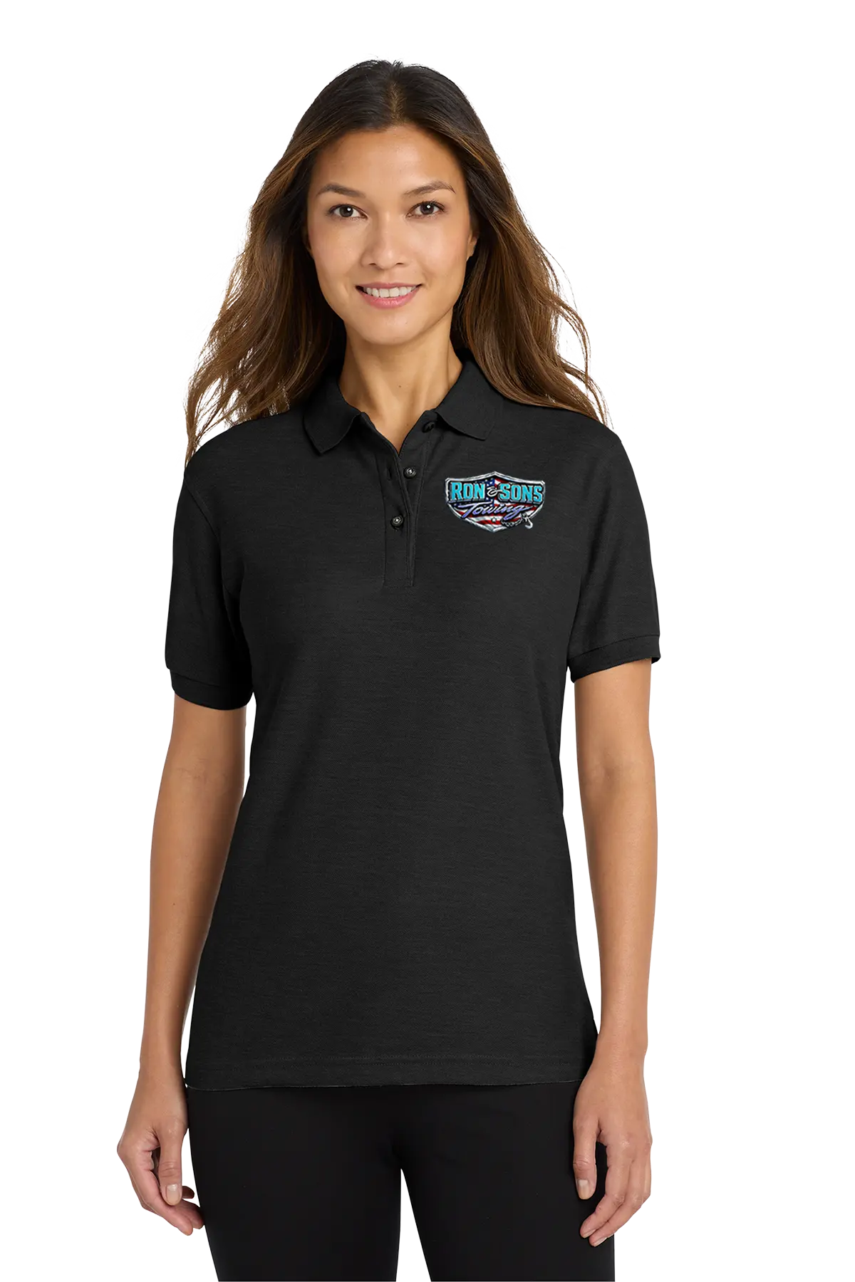 Woman wearing a black polo shirt with a logo on a white background. Ron and Sons Towing, Paper Street Print Co, Blairstown, NJ.