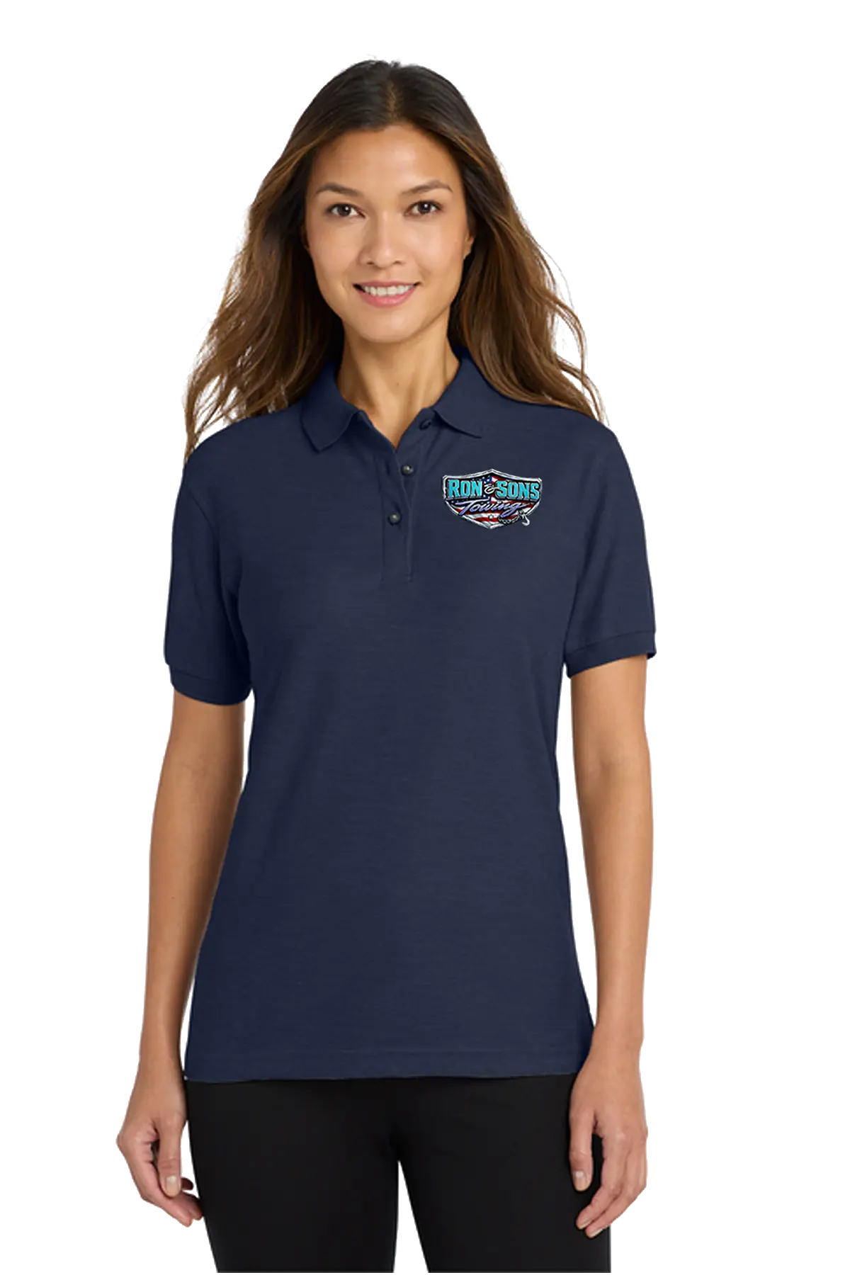 Woman wearing a navy blue polo shirt with a logo on a white background. Ron and Sons Towing, Paper Street Print Co, Blairstown, NJ.