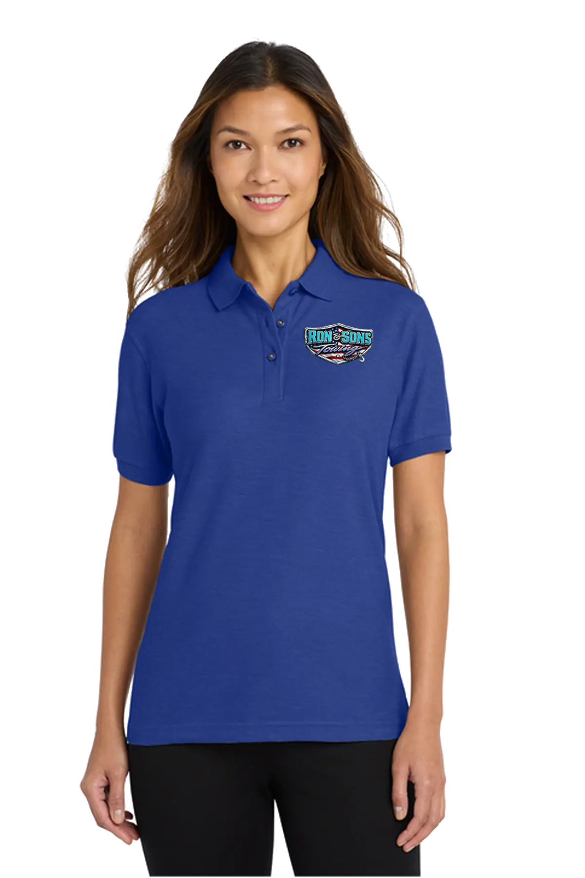 Woman wearing a blue polo shirt with a logo on a white background. Ron and Sons Towing, Paper Street Print Co, Blairstown, NJ.