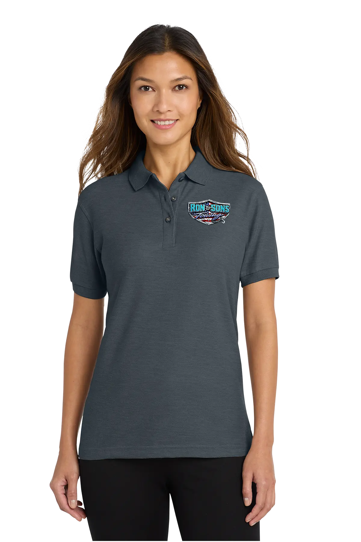 Woman wearing a dark gray polo shirt with a logo on a white background. Ron and Sons Towing, Paper Street Print Co, Blairstown, NJ.