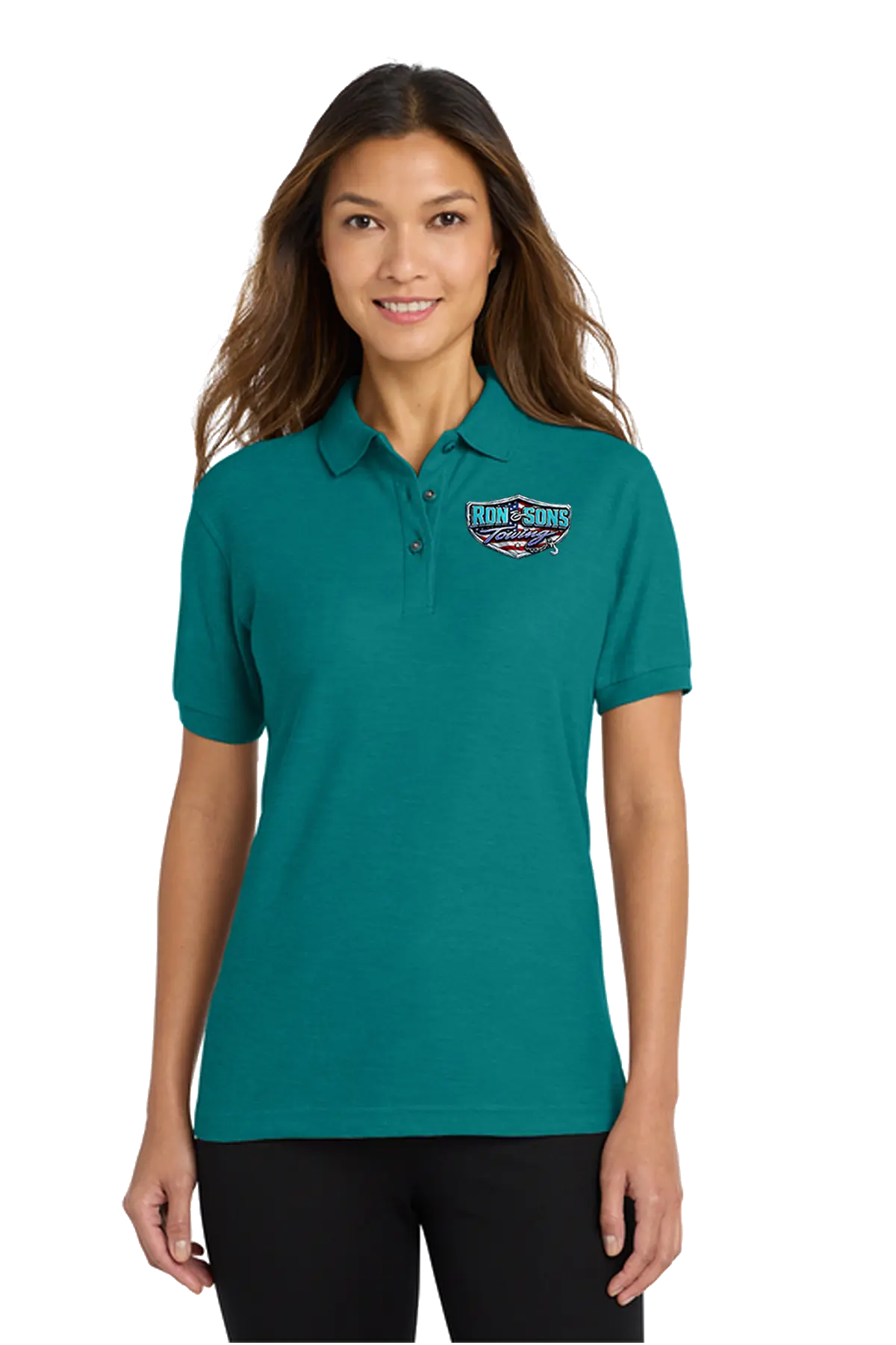 Woman wearing a teal polo shirt with a logo on a white background. Ron and Sons Towing, Paper Street Print Co, Blairstown, NJ.