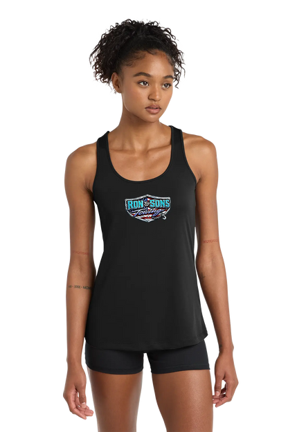 Woman wearing a black tank top with a logo on a white background. Ron and Sons Towing, Paper Street Print Co, Blairstown, NJ.