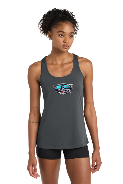 Woman wearing a gray tank top with a logo on a white background. Ron and Sons Towing, Paper Street Print Co, Blairstown, NJ.