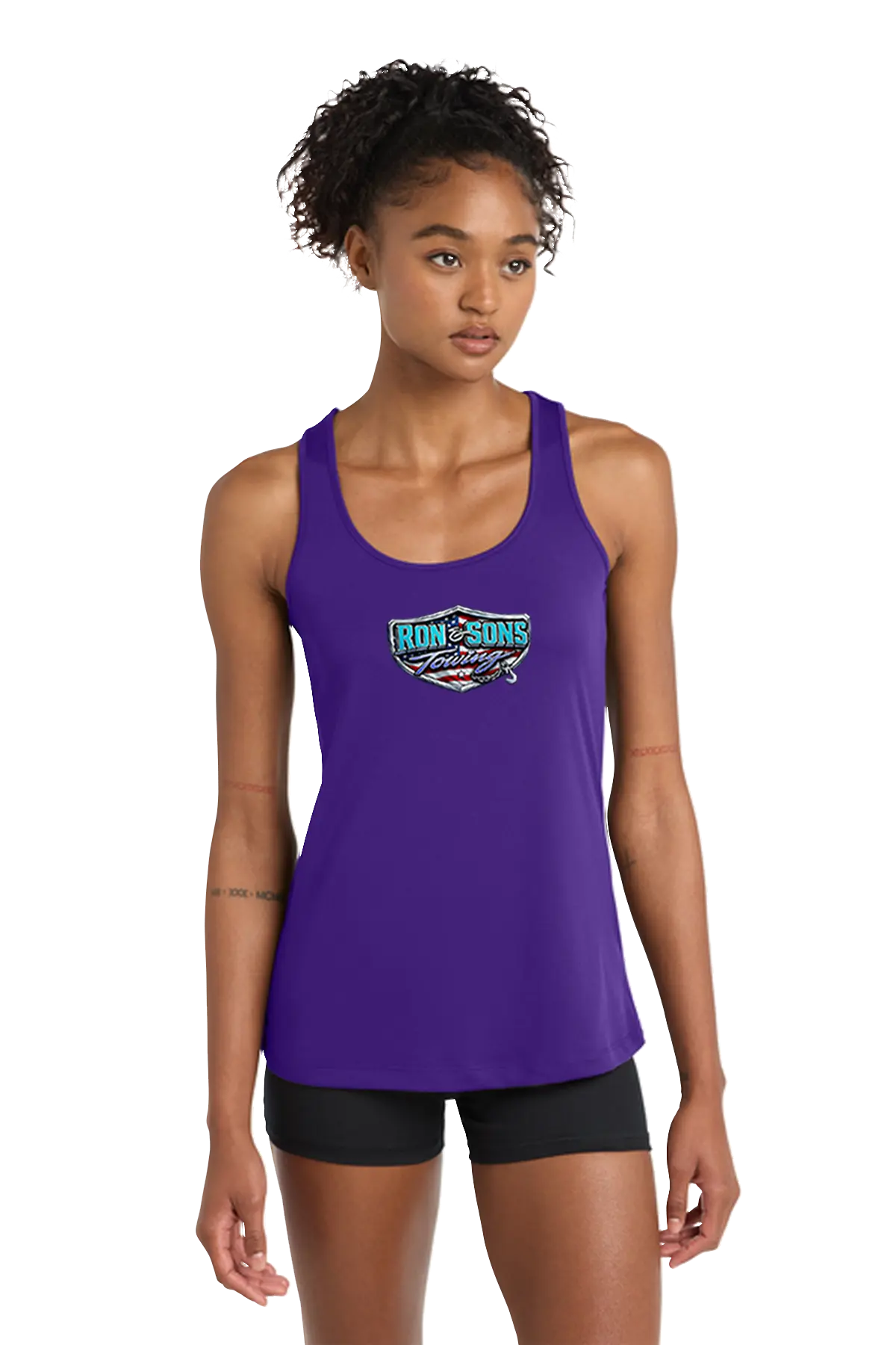 Woman wearing a purple tank top with a logo on a white background. Ron and Sons Towing, Paper Street Print Co, Blairstown, NJ.
