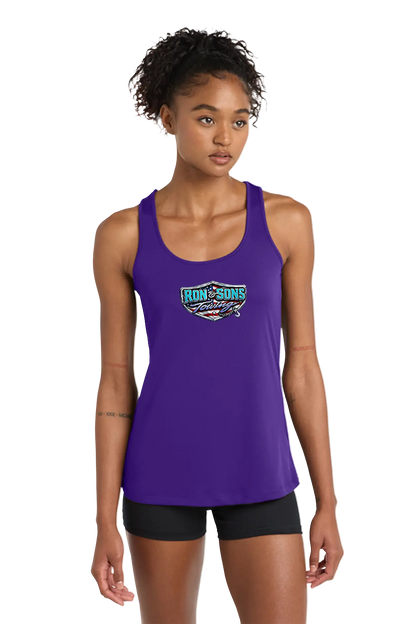 Woman wearing a purple tank top with a logo on a white background. Ron and Sons Towing, Paper Street Print Co, Blairstown, NJ.