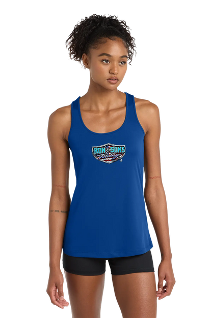 Woman wearing a blue tank top with a logo on a white background. Ron and Sons Towing, Paper Street Print Co, Blairstown, NJ.