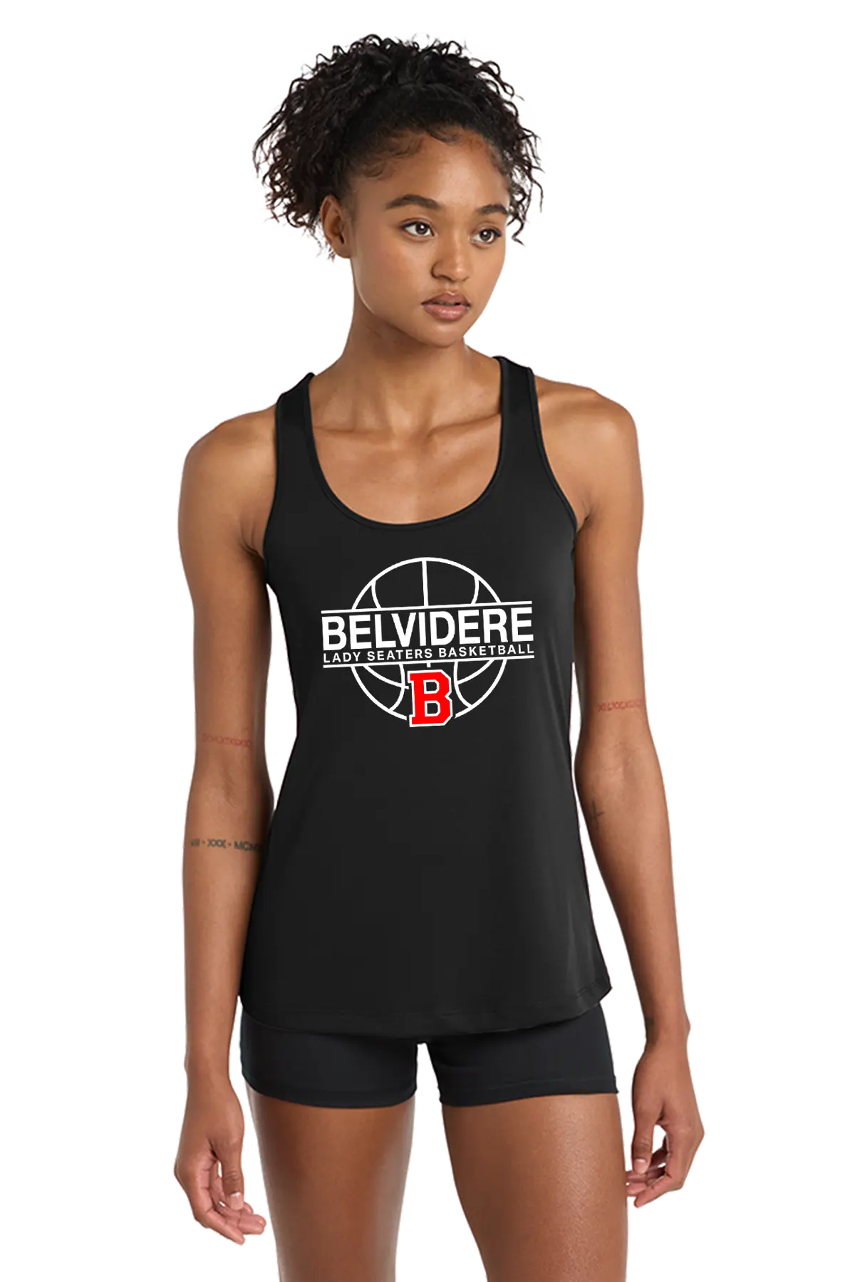 A woman modeling a black athletic tank top with a white and red Belvidere Lady Seaters Basketball graphic on the front, paired with black athletic shorts, against a plain white background. Paper Street Print Co, Blairstown, NJ.