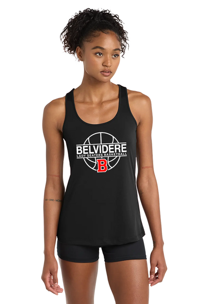 A woman modeling a black athletic tank top with a white and red Belvidere Lady Seaters Basketball graphic on the front, paired with black athletic shorts, against a plain white background. Paper Street Print Co, Blairstown, NJ.