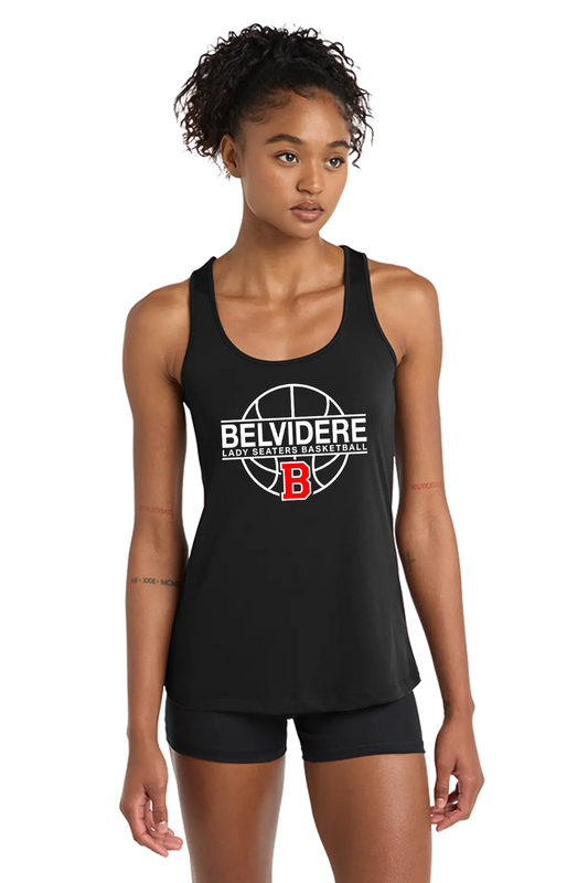 A woman modeling a black athletic tank top with a white and red Belvidere Lady Seaters Basketball graphic on the front, paired with black athletic shorts, against a plain white background. Paper Street Print Co, Blairstown, NJ.