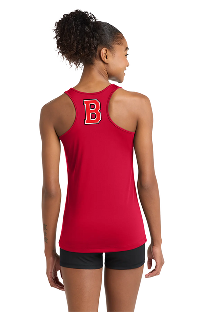 A woman shown from the back wearing a bright red racerback tank top with a large red and white letter 'B' on the upper back, paired with black athletic shorts, against a plain white background. Belvidere Lady Seaters Basketball, Paper Street Print Co, Blairstown, NJ.