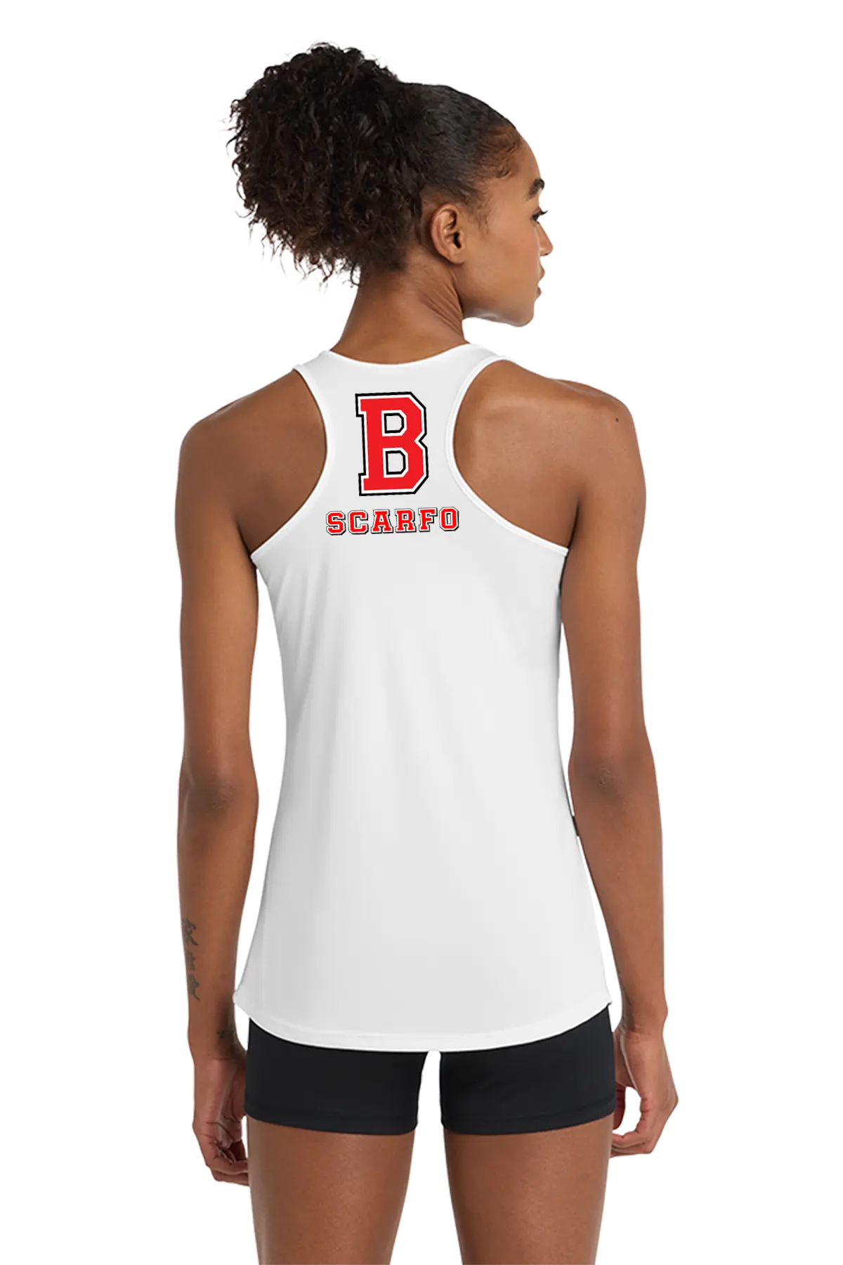 A woman shown from the back wearing a white racerback tank top with a red letter 'B' and the word 'SCARFO' printed on the upper back, paired with black athletic shorts against a plain white background. Belvidere Lady Seaters Basketball, Paper Street Print Co, Blairstown, NJ.