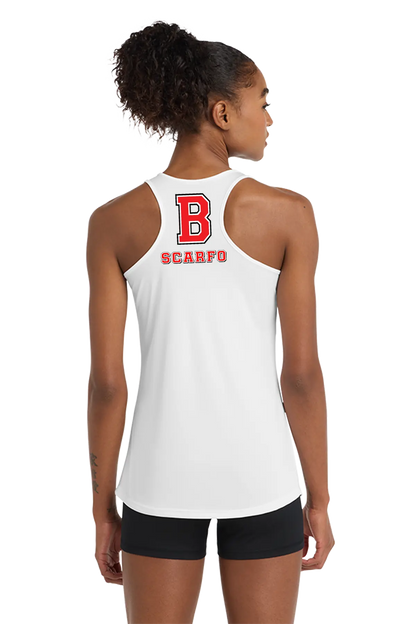 A woman shown from the back wearing a white racerback tank top with a red letter 'B' and the word 'SCARFO' printed on the upper back, paired with black athletic shorts against a plain white background. Belvidere Lady Seaters Basketball, Paper Street Print Co, Blairstown, NJ.