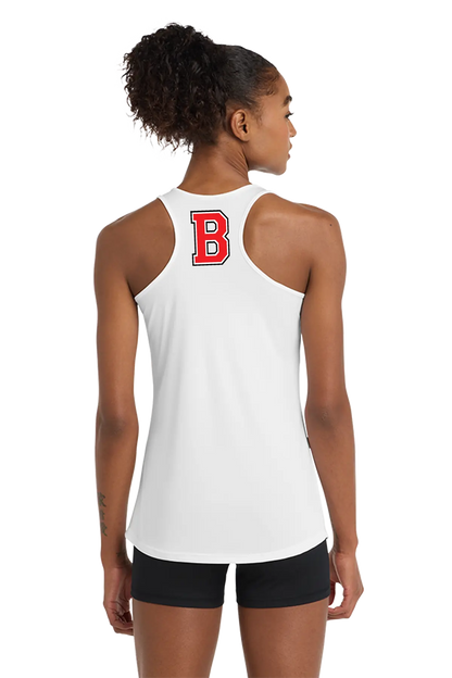 A woman shown from the back wearing a white racerback tank top with a red block letter 'B' on the upper back, paired with black athletic shorts, against a plain white background. Belvidere Lady Seaters Basketball, Paper Street Print Co, Blairstown, NJ.