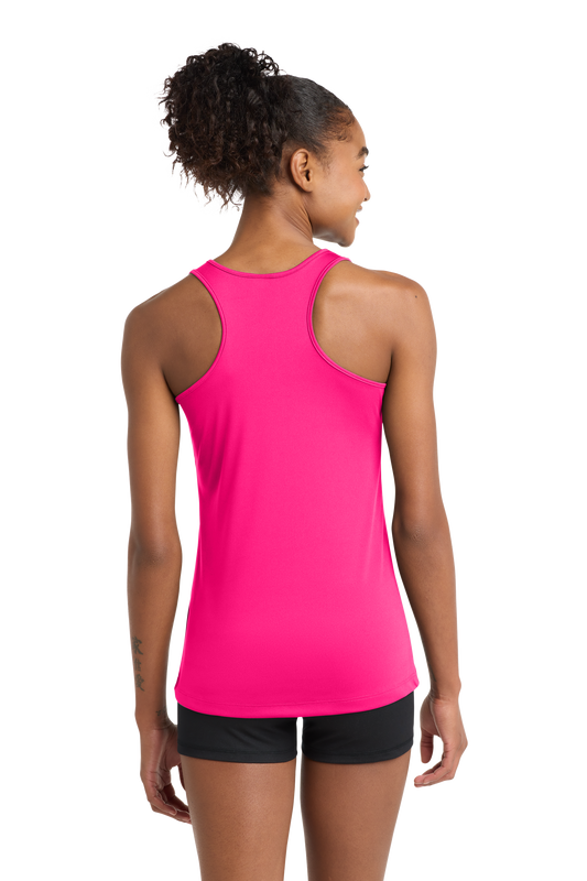 Person wearing a bright pink tank top and black shorts on a white background. BRT Towing and Recovery, Paper Street Print Co, Blairstown, NJ.