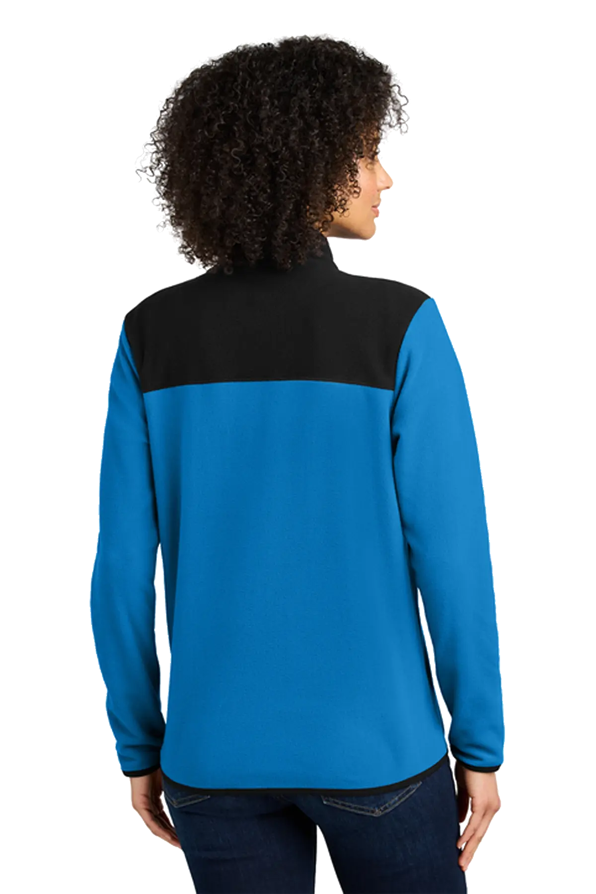 Person wearing a blue and black long-sleeve shirt on a white background. Titan Elite Cheerleading, Paper Street Print Co, Blairstown, NJ.