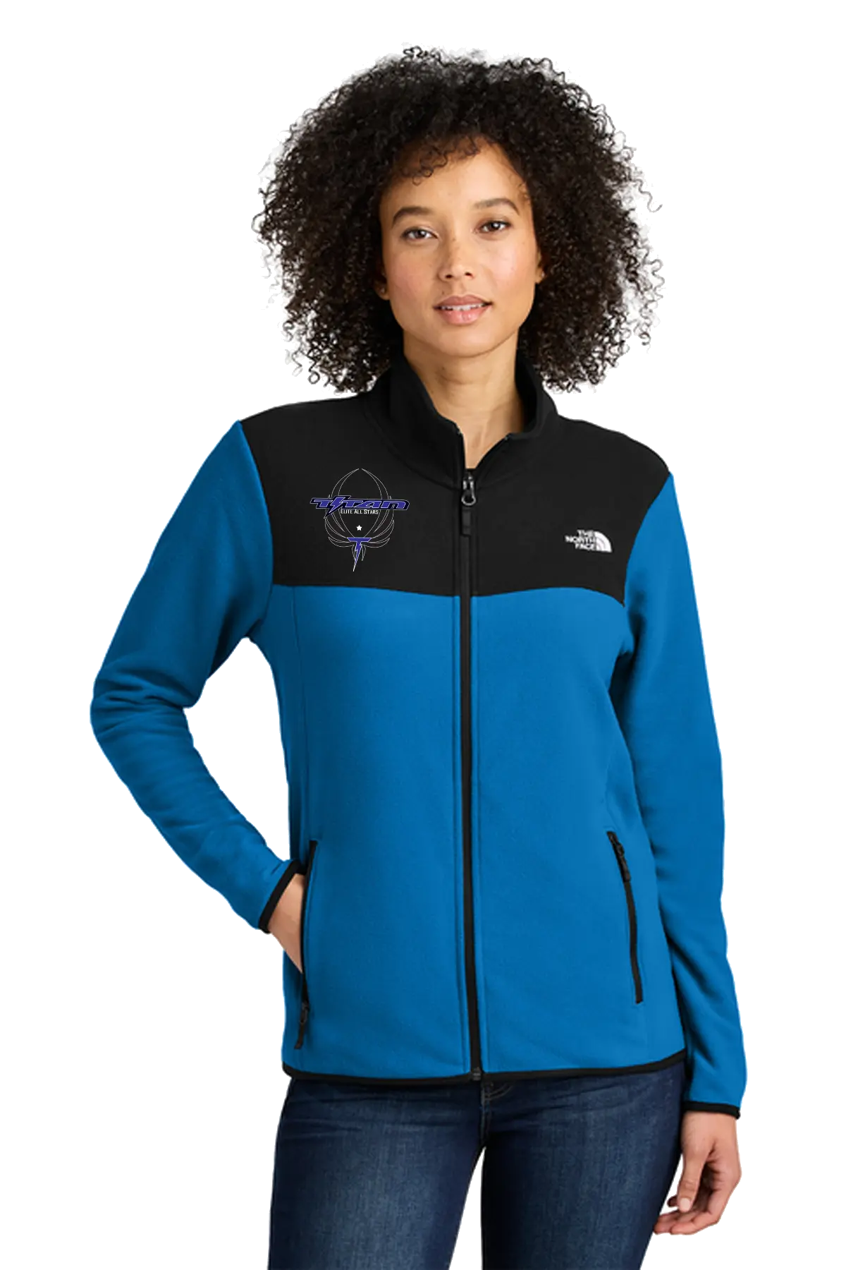 Woman wearing a blue and black jacket with a logo on a white background. Titan Elite Cheerleading, Paper Street Print Co, Blairstown, NJ.