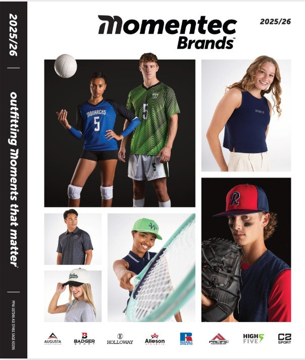 Paper Street Print Co, Blairstown, NJ. Promotional image for Momentec Brands 2025/26 with athletes wearing sports uniforms and equipment.