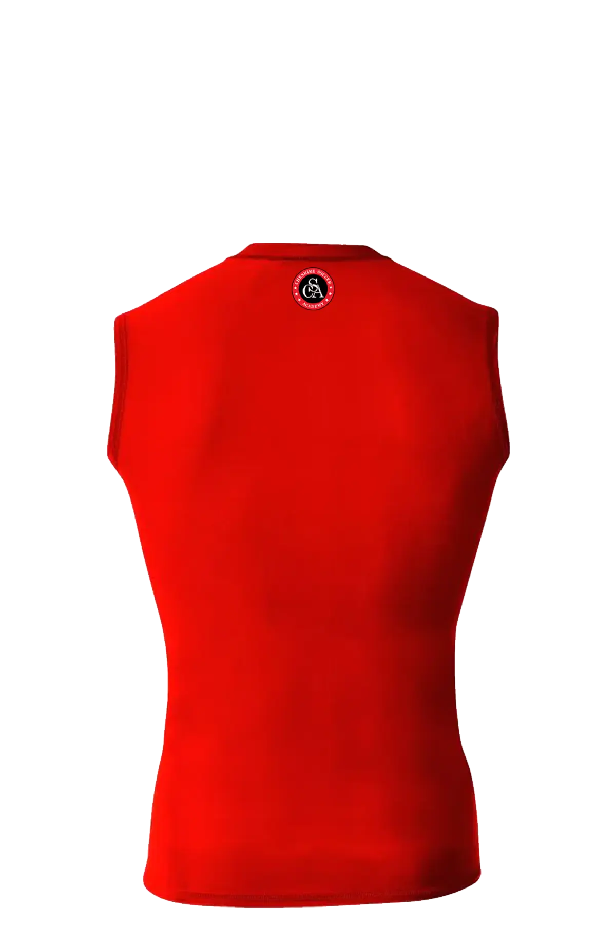 Red sleeveless shirt with a logo on the back against a white background. Cheshire Soccer Academy, Paper Street Print Co, Blairstown, NJ.