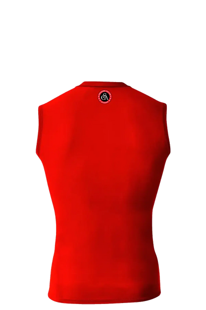Red sleeveless shirt with a logo on the back against a white background. Cheshire Soccer Academy, Paper Street Print Co, Blairstown, NJ.