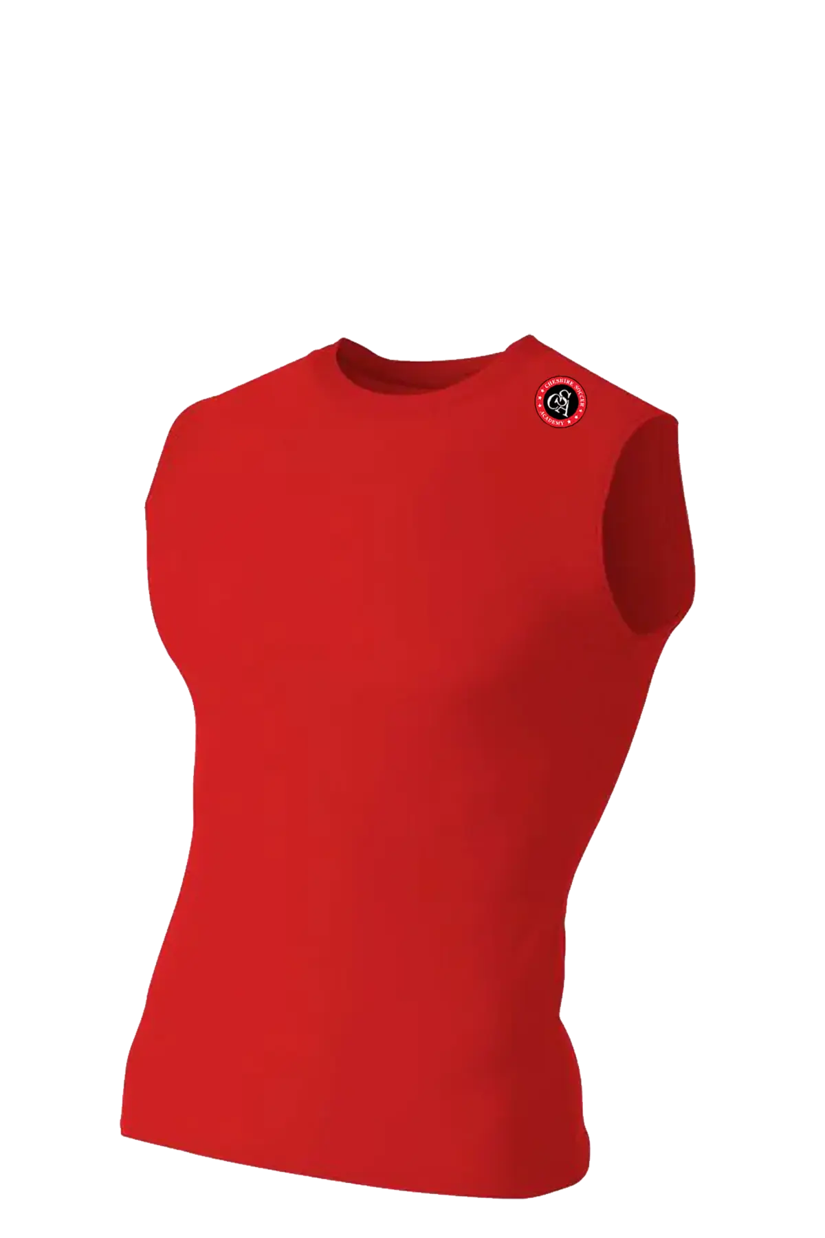Red sleeveless shirt with a logo on a white background. Cheshire Soccer Academy, Paper Street Print Co, Blairstown, NJ.