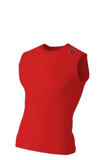 Red sleeveless shirt with a logo on a white background. Cheshire Soccer Academy, Paper Street Print Co, Blairstown, NJ.