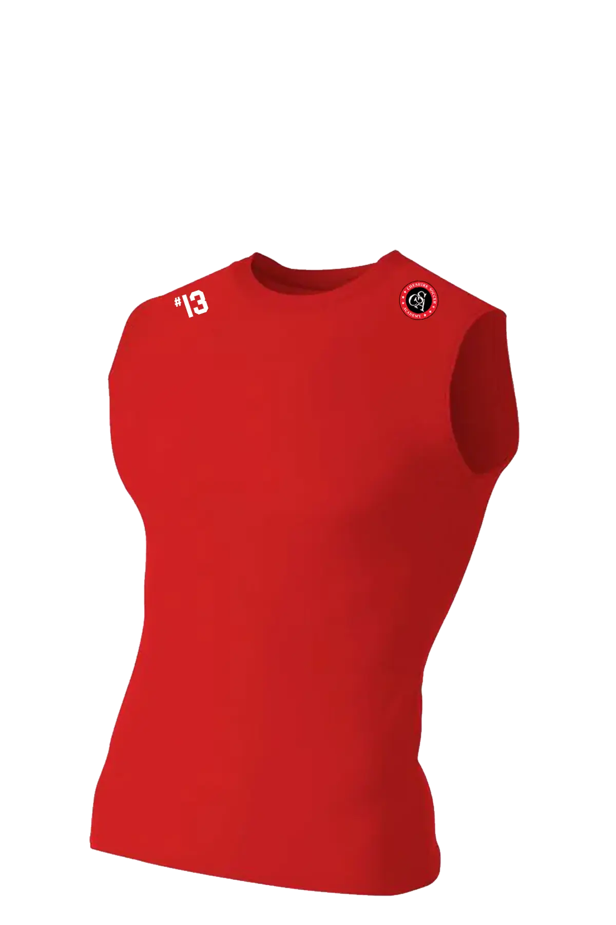 Red sleeveless athletic shirt with branding on a white background. Cheshire Soccer Academy, Paper Street Print Co, Blairstown, NJ.