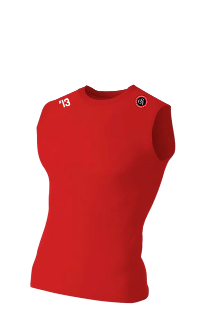 Red sleeveless athletic shirt with branding on a white background. Cheshire Soccer Academy, Paper Street Print Co, Blairstown, NJ.