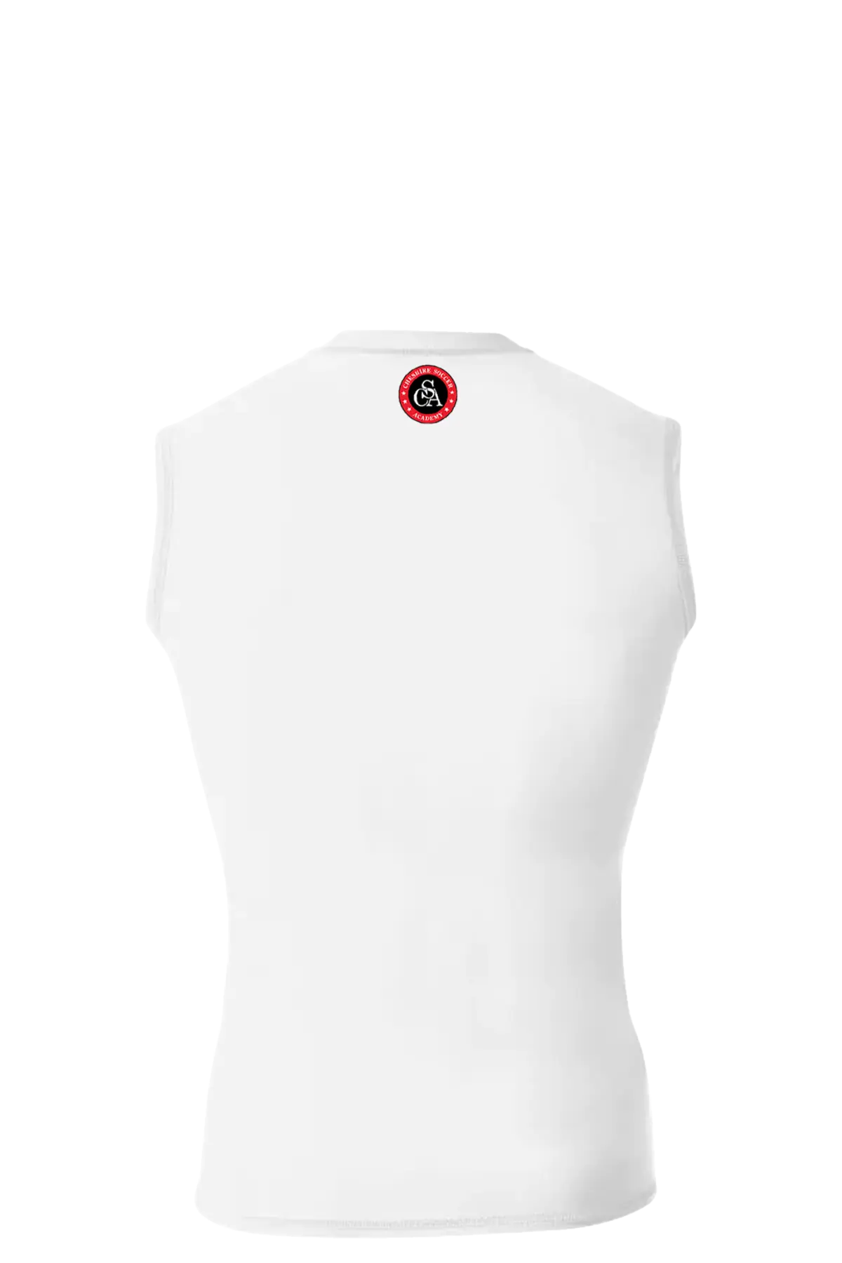 White sleeveless shirt with a red and black logo on a white background. Cheshire Soccer Academy, Paper Street Print Co, Blairstown, NJ.