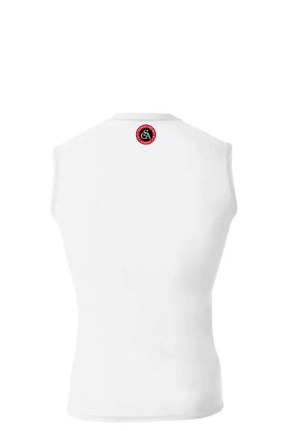 White sleeveless shirt with a red and black logo on a white background. Cheshire Soccer Academy, Paper Street Print Co, Blairstown, NJ.