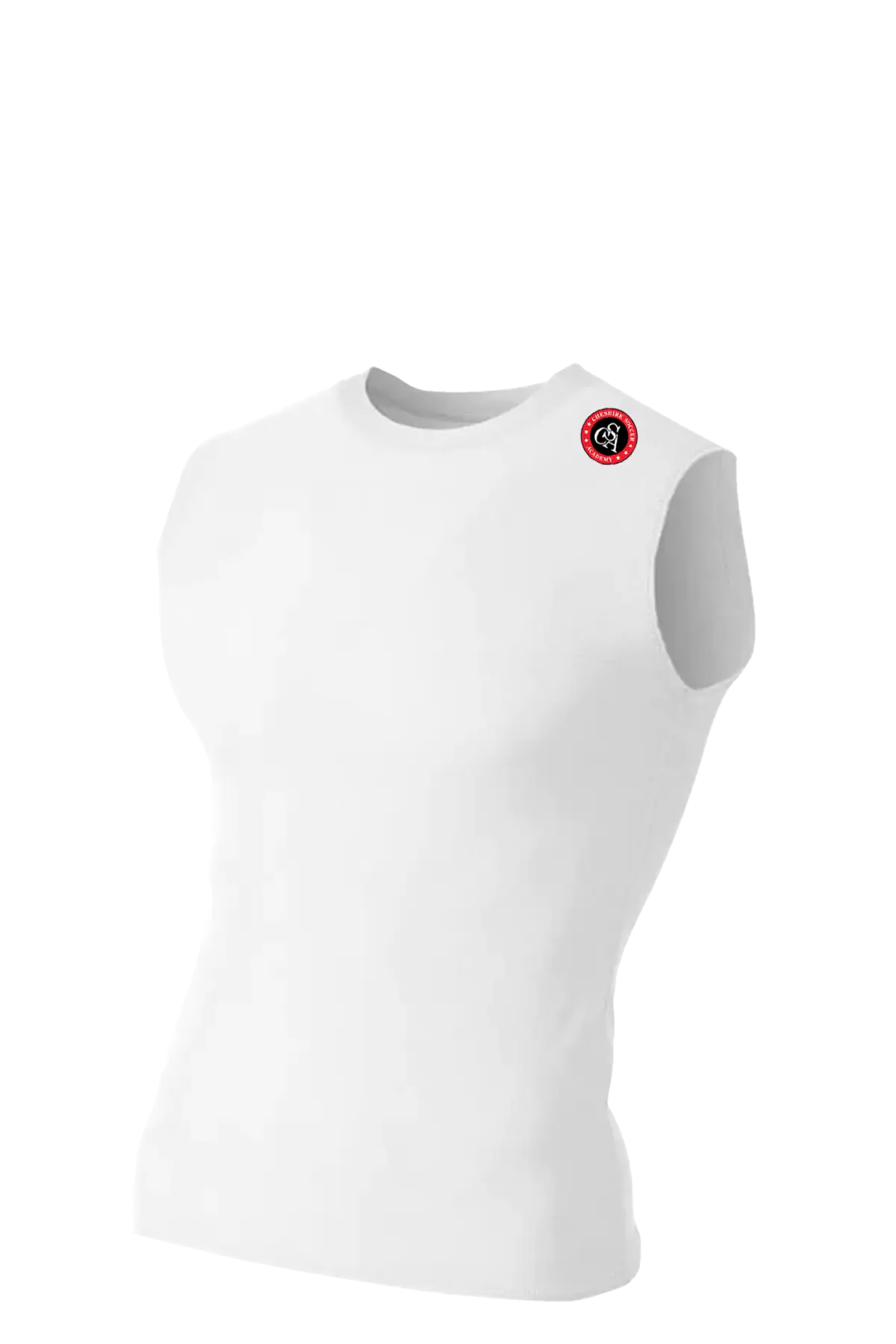 White sleeveless athletic shirt with a red and black logo on a white background. Cheshire Soccer Academy, Paper Street Print Co, Blairstown, NJ.