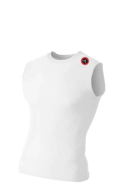 White sleeveless athletic shirt with a red and black logo on a white background. Cheshire Soccer Academy, Paper Street Print Co, Blairstown, NJ.