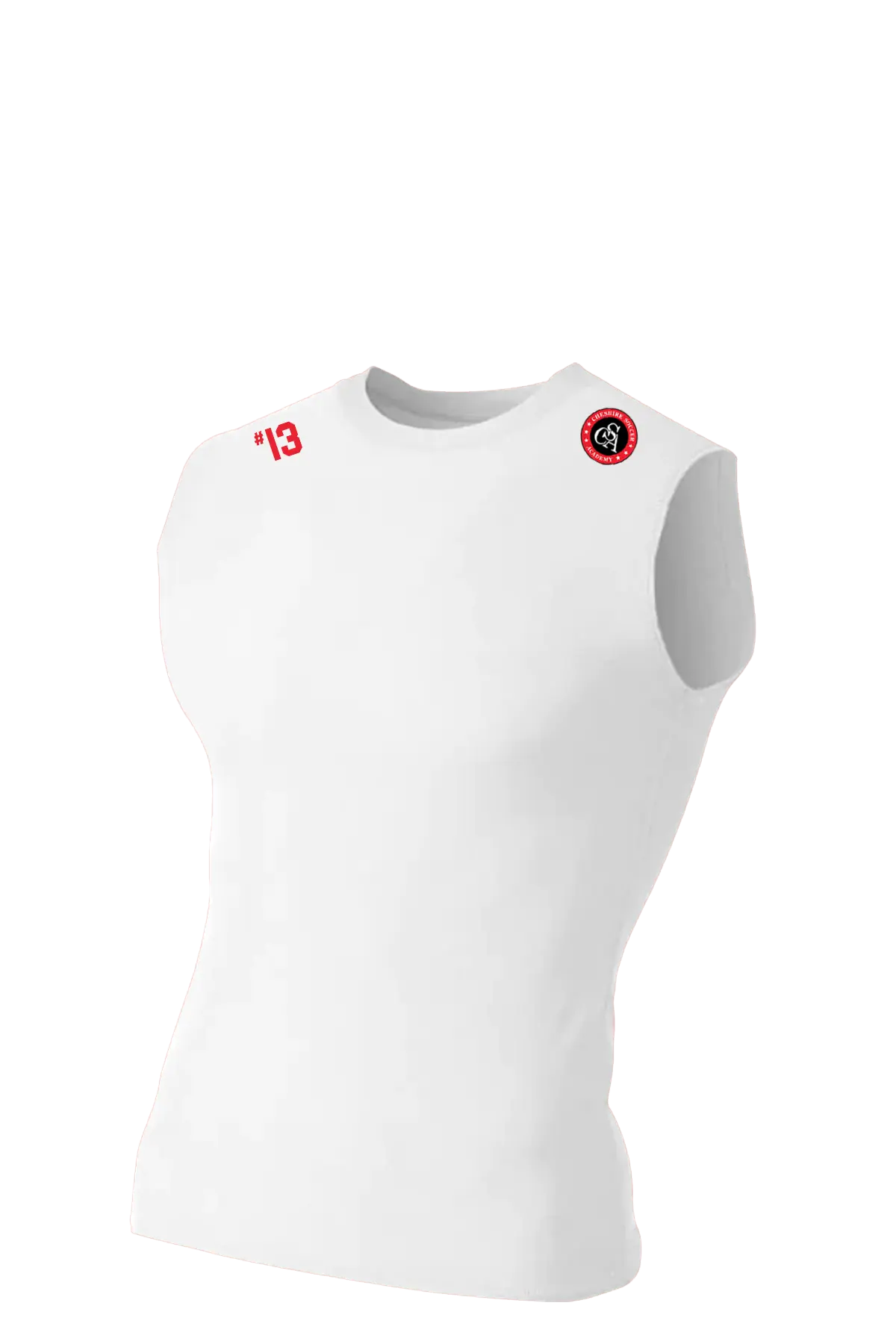 White sleeveless athletic shirt with red and black logos on a white background. Cheshire Soccer Academy, Paper Street Print Co, Blairstown, NJ.
