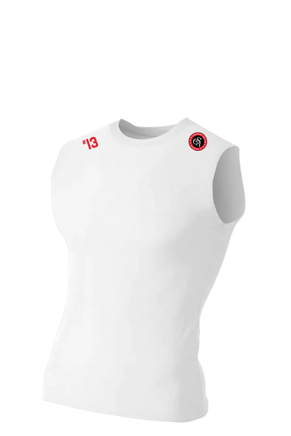 White sleeveless athletic shirt with red and black logos on a white background. Cheshire Soccer Academy, Paper Street Print Co, Blairstown, NJ.