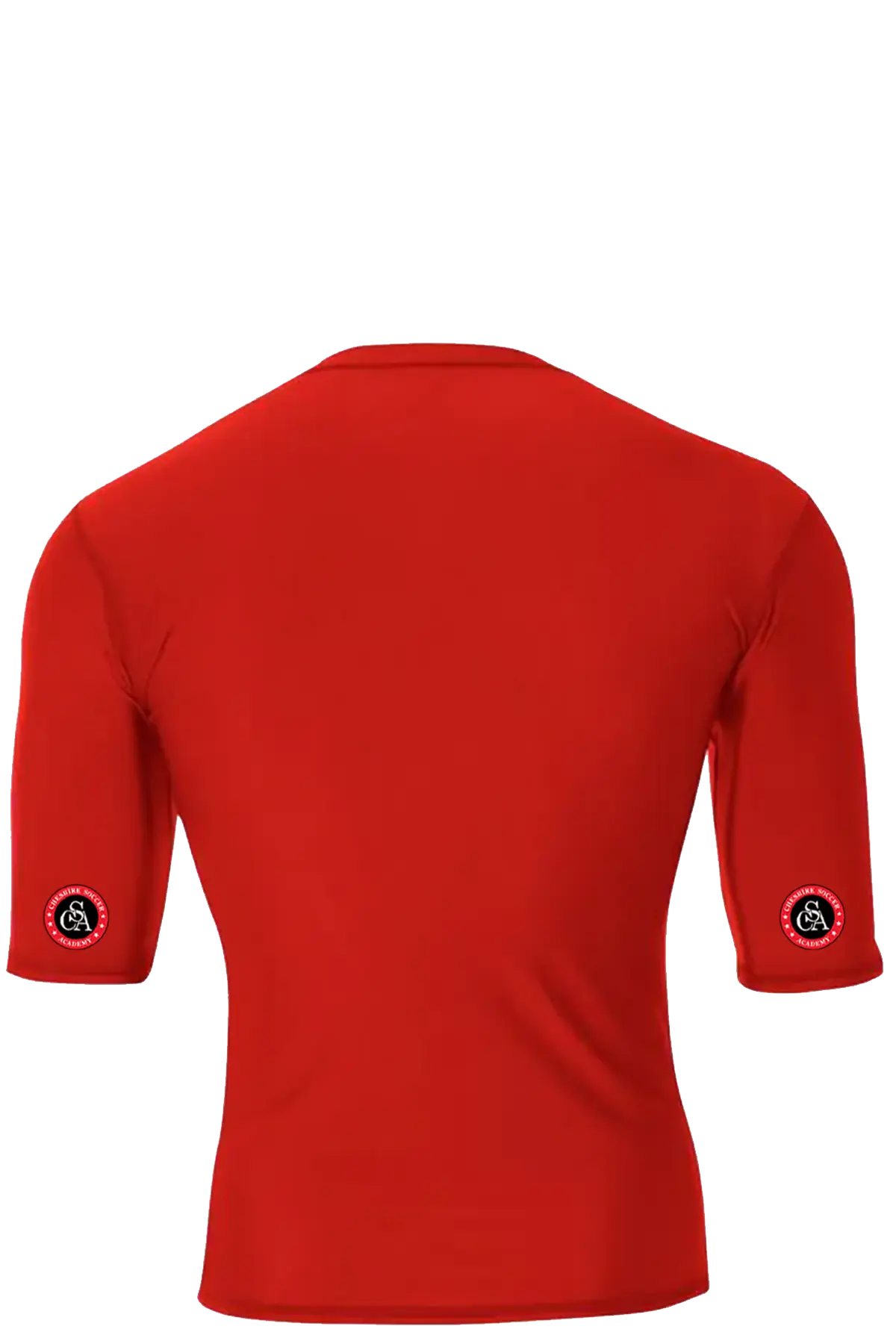 Red t-shirt with black sleeve logos on a white background. Cheshire Soccer Academy. Paper Street Print Co, Blairstown, NJ.