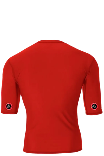 Red t-shirt with black sleeve logos on a white background. Cheshire Soccer Academy. Paper Street Print Co, Blairstown, NJ.