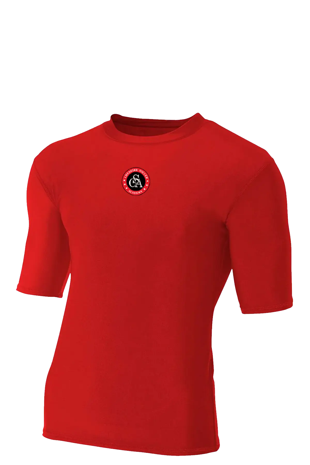 Red t-shirt with a logo on the chest against a white background. Cheshire Soccer Academy. Paper Street Print Co, Blairstown, NJ.
