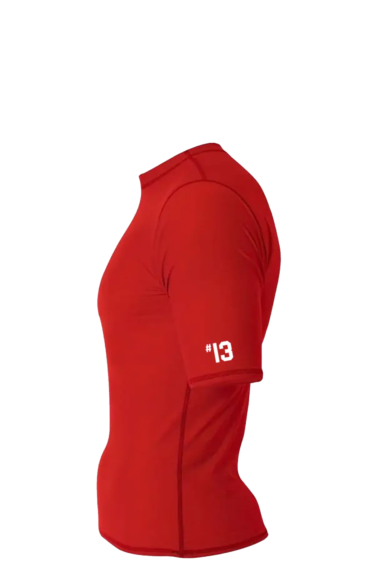 Red polo shirt with number 13 on a white background. Cheshire Soccer Academy. Paper Street Print Co, Blairstown, NJ.