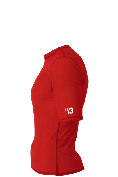 Red polo shirt with number 13 on a white background. Cheshire Soccer Academy. Paper Street Print Co, Blairstown, NJ.