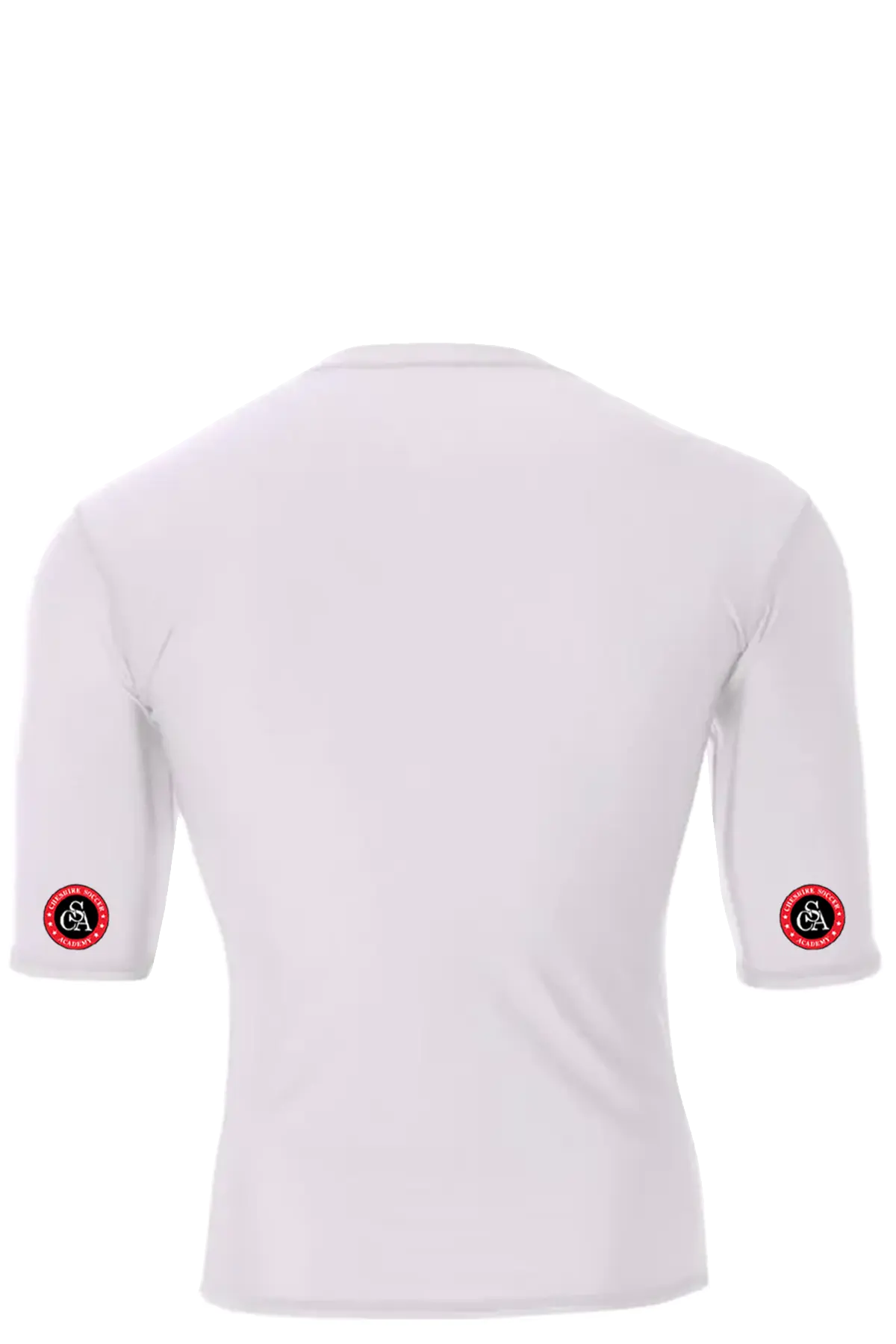 White athletic shirt with red and black logos on sleeves against a white background. Cheshire Soccer Academy. Paper Street Print Co, Blairstown, NJ.