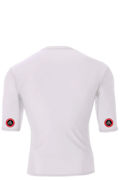 White athletic shirt with red and black logos on sleeves against a white background. Cheshire Soccer Academy. Paper Street Print Co, Blairstown, NJ.