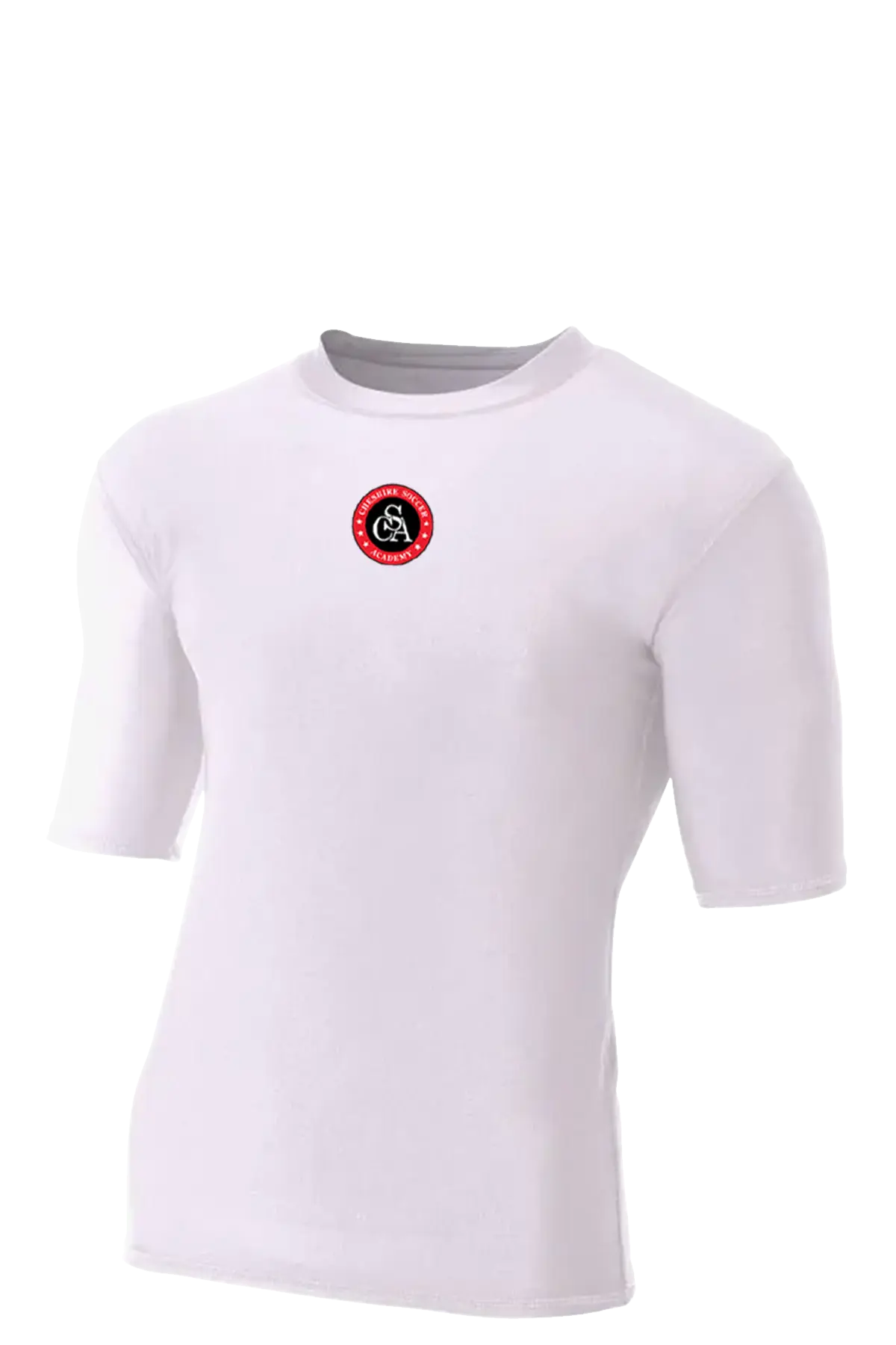 White t-shirt with a red and black logo on a white background. Cheshire Soccer Academy. Paper Street Print Co, Blairstown, NJ.