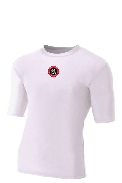 White t-shirt with a red and black logo on a white background. Cheshire Soccer Academy. Paper Street Print Co, Blairstown, NJ.