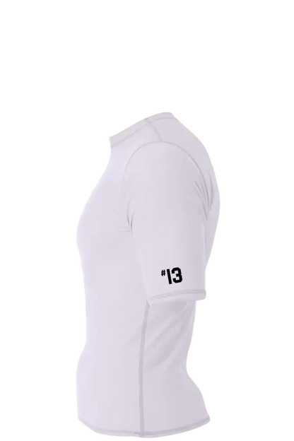White sleeveless top with a logo on a white background. Cheshire Soccer Academy. Paper Street Print Co, Blairstown, NJ.