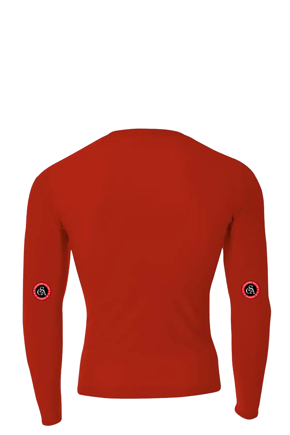 Red long-sleeve shirt with brand logos on sleeves against a white background. Cheshire Soccer Academy. Paper Street Print Co, Blairstown, NJ.
