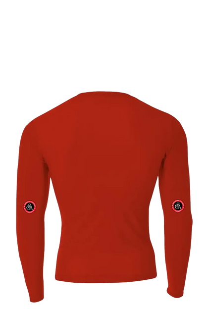 Red long-sleeve shirt with brand logos on sleeves against a white background. Cheshire Soccer Academy. Paper Street Print Co, Blairstown, NJ.