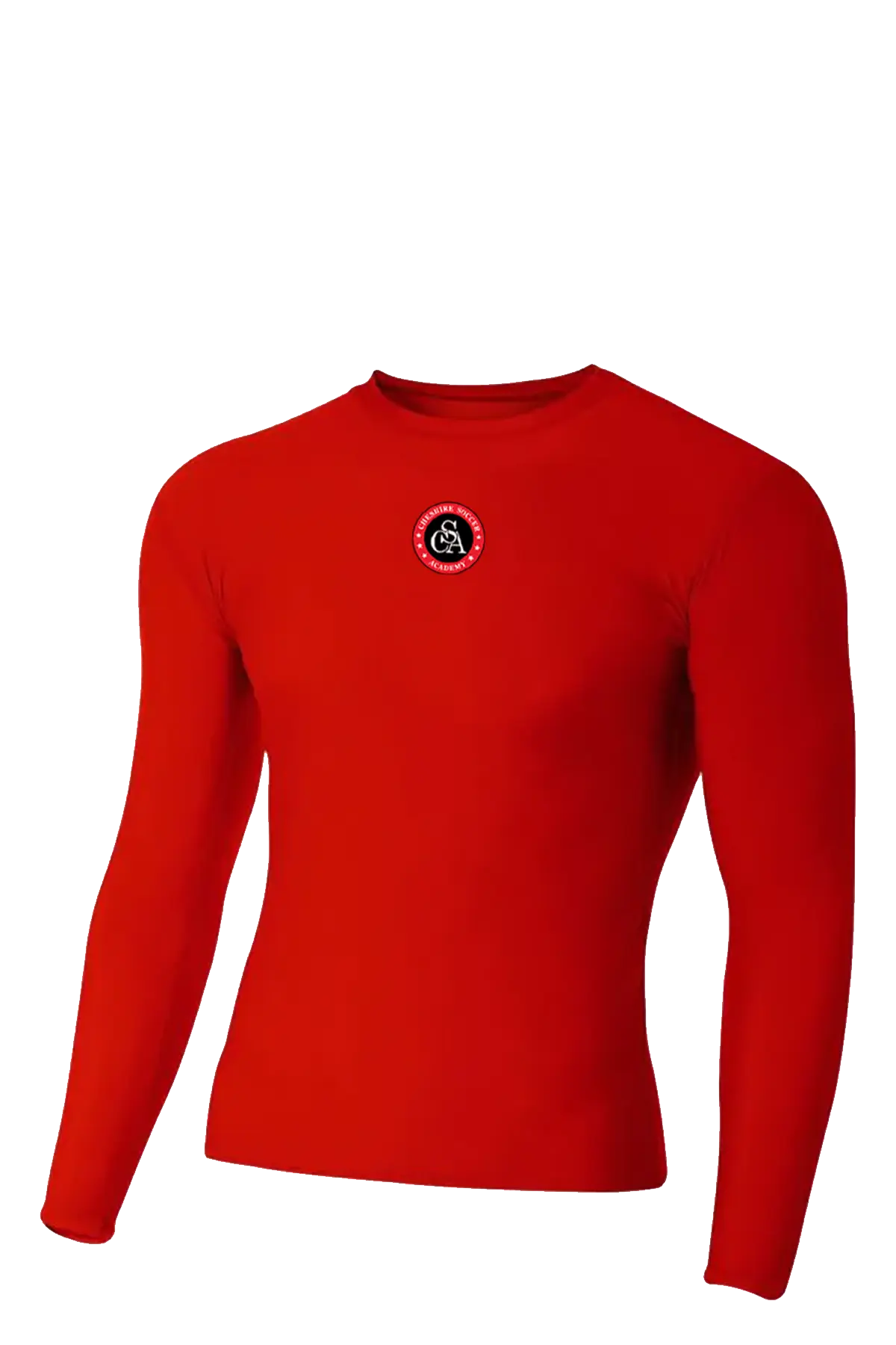 Red long-sleeve shirt with a logo on a white background. Cheshire Soccer Academy. Paper Street Print Co, Blairstown, NJ.