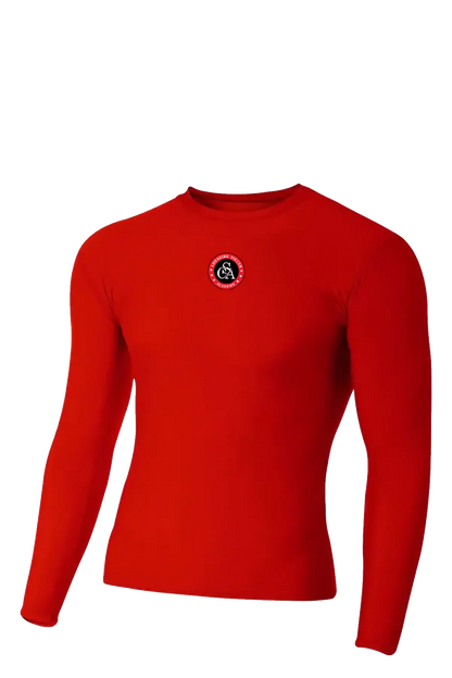 Red long-sleeve shirt with a logo on a white background. Cheshire Soccer Academy. Paper Street Print Co, Blairstown, NJ.