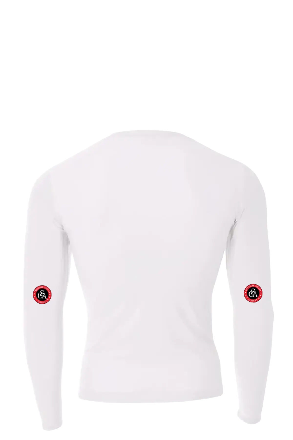 White long-sleeve shirt with red and black circular logos on a white background. Cheshire Soccer Academy. Paper Street Print Co, Blairstown, NJ.