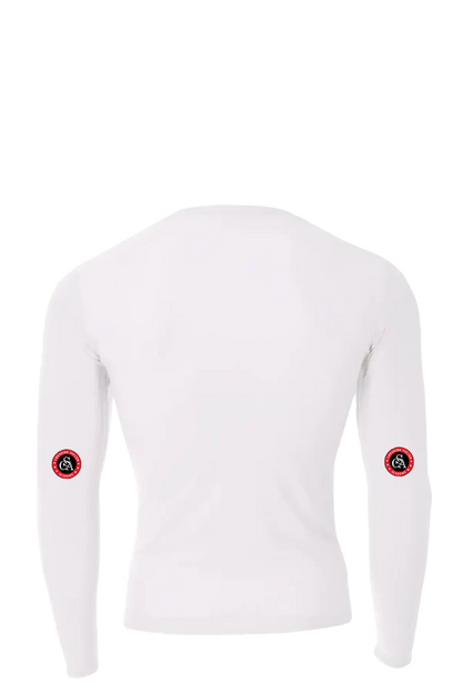 White long-sleeve shirt with red and black circular logos on a white background. Cheshire Soccer Academy. Paper Street Print Co, Blairstown, NJ.